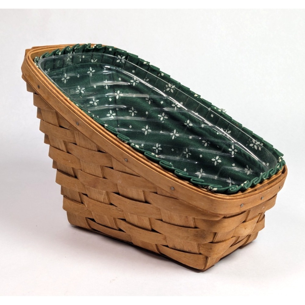 1990 Longaberger Slanted Handmade Basket Green Fabric & Plastic Liner, Signed